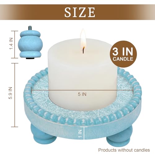 Farmhouse Round Wood Tray Riser, Pedestal Stand with Beaded Edge, Rustic Wooden Candle Trays Decor for Tiered Tray, Candle, Mug Display Decorative, Table Centerpiece, Blue Green - color: Blue Green, size: Set of 2
