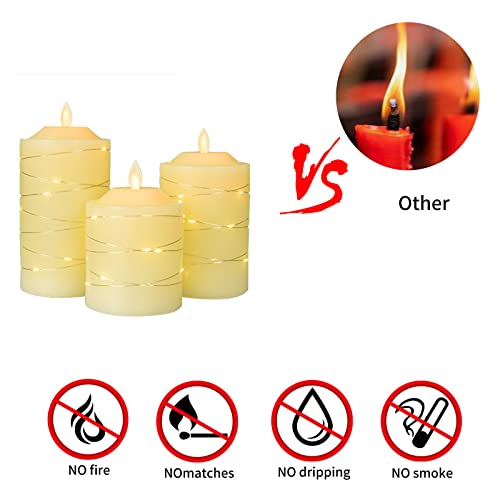 Battery Operated Flameless LED Candles: with Embedded String Lights, 3 Pack Flickering Electric Candle with 10-Key Remote Control for Seasonal Festival Celebration Real Wax(Batteries not Included) - color: H09# Ivory 3Pack Real Wax