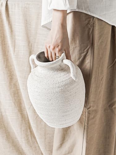 Large White Ceramic Vase with Handles - 9.5 Inch Tall Rustic Farmhouse Flower Vase, Decorative Accent for Living Room Coffee Table Bathroom Home Decor, Weddings Holiday Centerpieces (Rock Sand White) - color: Rock Sand White-9.5"