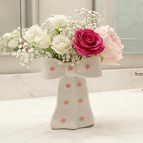 White Bow Vase, White and Pink Flower Vase for Home Decor, Ceramic Vases for Boho Style, Large Cute Vases for Ideal Shelf Decor/Table/Living Room. (Pink 3, Large) - color: Pink 3