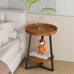Gadroad Round End Table with Storage Shelf, 2 Tier Farmhouse Side Table Nightstand for Living Room, Bedroom, Wood Tabletop & Black Metal Frame, Brown 15.7 * 15.7 * 23.0inches - color: Brown, style: No Charging Station