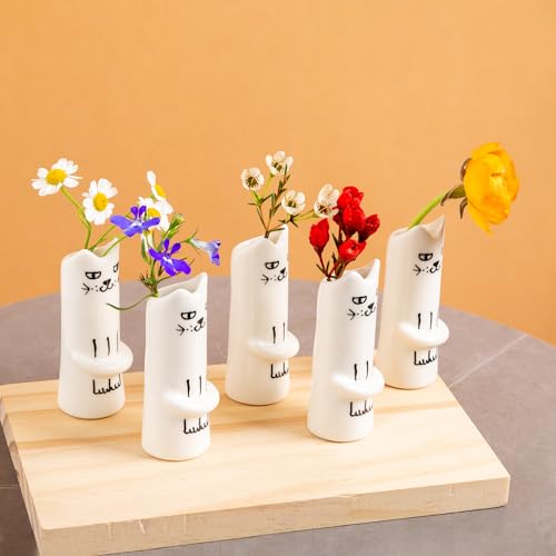 MOUGIGI Set of 5 Cat Flower Vase Bud Ceramic Small Cute Mini Handmade Decor - Unique Modern Tiny Wedding Party Birthday Gift - Bulk Trendy Pretty Little Vases - color: 5 Pcs Cat Vase