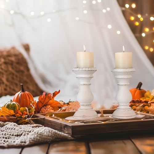 Candle Holder for Pillar Candle Set of 2, Farmhouse Wood Candle Holder, Rustic Wooden Candle Stand, Vintage Wooden Candlestick Holders Decorative for Living Room, Table Centerpiece, Antique White - color: Antique White, size: Set of 2