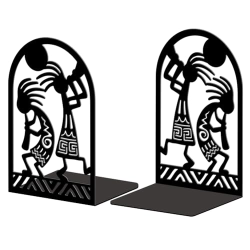 Peacoblue Metal Bookends for Shelves, Modern Decorative Heavy Duty Study Book Ends Stoppers for Office, Desk, Shelf, Room 5.3"x4.3"x7.9" Cast Iron Tall Bookends 1 Pair (Kokopelli Tribal-Flute Player) - style: Kokopelli Tribal-Flute Player