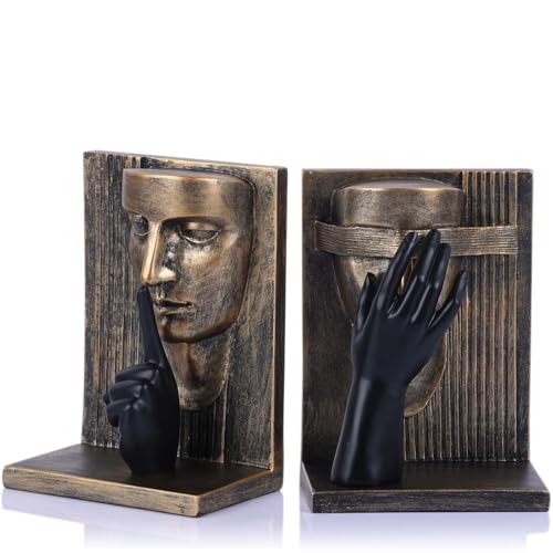 Unique Decorative Bookends – Thinking Man Statue for Bookshelf, Modern Abstract Art Bookends, Aesthetic Decor for Home, Office, Desk, Funky Book Ends for Large Books & Shelf Display (Bronze) - color: Bronze