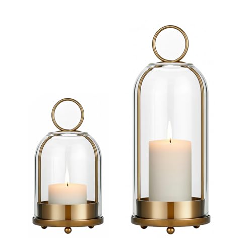 5"&4" Hurricane Glass Candle Holders, Hanging Brass Metal Candle Holder for Pillar Candles Table Coffee Table Decor Interior Decoration - color: Gold