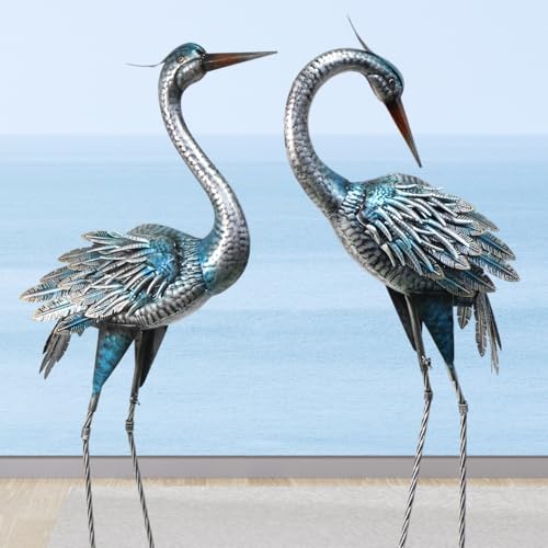 37-40Inch Outdoor Crane Garden Statues, Blue Heron Garden Statues, Large Metal Cranes for Yard, Lawn, Patio, Pond, Set of 2 - color: Blue