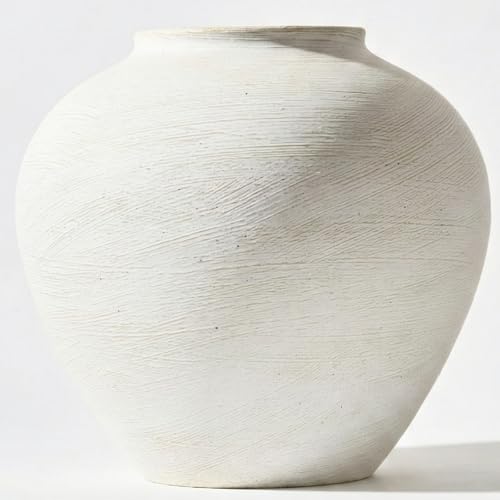Large White Vase for Centerpieces - 11" Wide Textured Stone Look Metal Flower Vase for Table Decor - Rustic Farmhouse Vases for Living Room Dining Room Home Decor - color: White Large Brushed