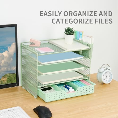 LEKETREE Desk Organizers and Accessories, 5-Tier Paper Letter Tray Organizer with Drawer & 2 Pen Holders, Desktop Organizer for Office Supplies (Green) - color: Green, size: 12" x 8" x 10"