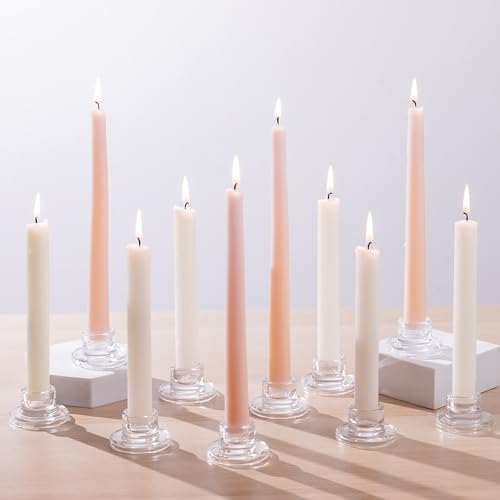 Glasseam Glass Tapered Candlestick Holders: 10Pcs Small Taper Candle Holders Bulk Clear Candle Sticks Holder Decor Short Modern Candle Holder for Table Centerpiece Wedding Christmas Dinner Party - color: Clear