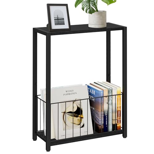 Homleke Narrow Side Table with Magazine Holder, Skinny End Table Perfect for Small Spaces, Space-Saving Design for Living Room, Bedroom, or Office, 7.1" D x 16.9" W x 23.6" H, Black - color: Black - Standard