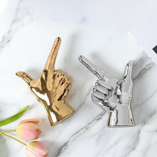 Rayberro Ceramic Hand Gesture Sculpture Creative Hand Statue Home Decor Hand Gesture Figurine Decors for Living Room Bedroom Office Bookshelf Coffee Tabletop Ornaments Decorations Gift (Silver) - color: Silver