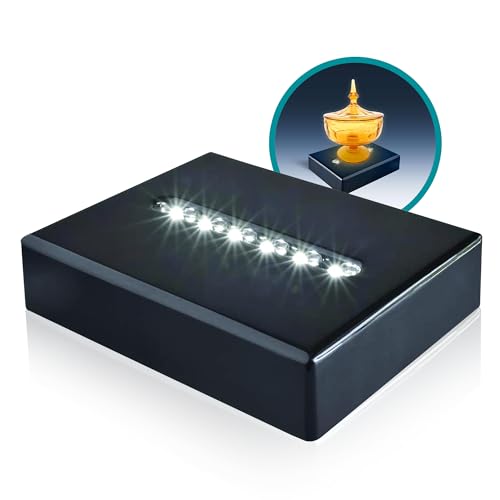 6 LED Light Pedestal - Rectangular Satin Matte Black Lacquer White Light Stand Base for 3D Art Glass, Room Decor and Gemstones and Crystals - AC/USB Adapter Powered (Black)