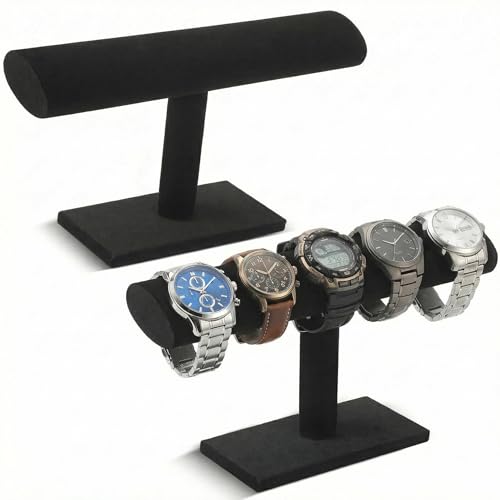 Wenqik 2 Pack Watch Holder Stand, Velvet Watch and Bracelet Display T Bar Stands, Jewelry Organizer for Watches Bracelets and Bangles, Countertop Display for Dresser, Store or Home, Black