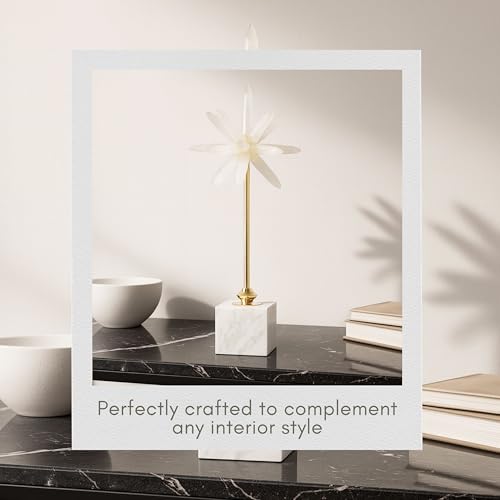 Mystique Small Starburst Statuary – Modern Decorative Object with Marble Base, Metal Stem and Sculptural Flower Top – Contemporary Home Decor Accent for Shelves Tables and Desks, 17", White & Gold - size: 17"