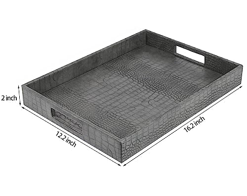 HofferRuffer Rectangle Serving Tray with Hole Handles for Coffee Table, Breakfast, Tea, Food, Butler - Countertop, Kitchen, Vanity Serve Tray, 16.2 x 12.2 x 2 inches, Faux Leather Tray (Dark Grey) - color: Dark Grey, size: 16.2" x 12.2" x 2"
