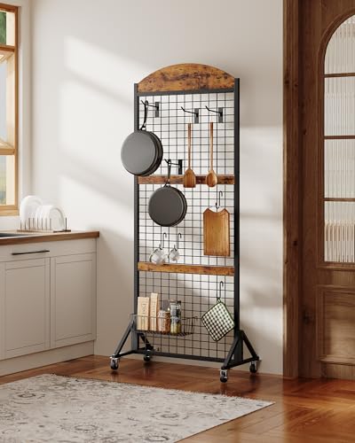 CHOEZON Grid Wall Panel 5.7’ x 2’ FT Grid Display Rack, Movable Gridwall Display Stand with Wheels,Floorstanding Wire Grid Rack with 4 S-Shaped Hooks and 4 Garment Hooks Rustic Brown and Black TCJ17BF - color: Rustic Brown and Black