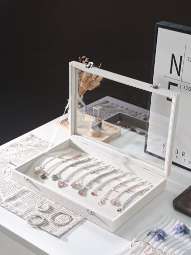 Coward 20 Hooks Necklace Organizer Jewelry Box, Dustproof Necklace Display Holder Case, Beige Velvet Necklace Display Tray Case with Transparent Glass Lid for Women Girls - color: Beige Velvet, size: Necklace Box