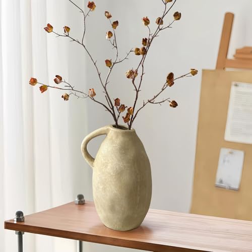 Vintage Handmade Ceramic Rustic Farmhouse Vase with Handle, Beige Terracotta Pottery Vase for Home Decor, Farmhouse Flower Vase for Living Room, Kitchen, Office Centerpiece, 10.3 Inch - color: Beige