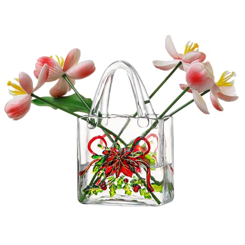 Glass Wallet Vase, Hand Painted Embossed Tote Bag with Handle, Thick Clear Glass Vase for Centerpiece, Fish Tank, Cute Home Decor Gift (Red Flower Pattern) - color: White Red Flowers
