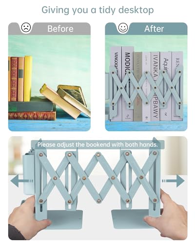 Honagu Adjustable Bookends, Metal Book Ends for Shelves Heavy Book, Bookend for Home, Office, Books, Papers, Book Stopper with Removable Hook, Pen Holder, Gifts for Students, Teachers（Green） - color: Green