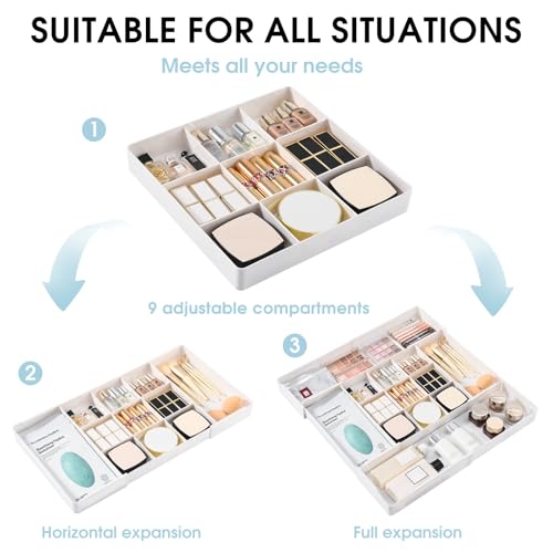 MIUOPUR Expandable Drawer Organizer, Width (10.6"-20.1") Depth (11"-20.1"), Plastic Makeup Drawer Organizer with 6 Removable Dividers, Silverware Organizer, Great for kitchen and Bathroom Drawers - color: White