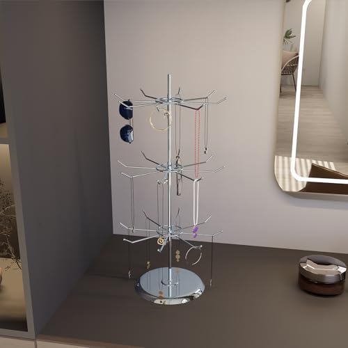 3 Tier Jewelry Holder with 8 Hooks Adjustable Height Chrome Countertop Spinner Display Stand for Necklace & Bracelet Keychain Display - size: Standard - 24 hooks