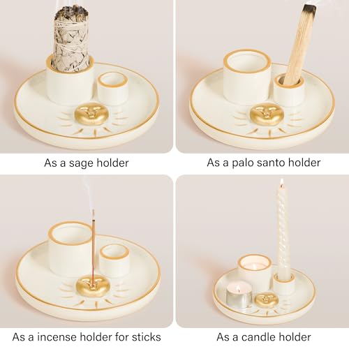 ZenBless Multifunction Incense and Candle Holder for Burning Sage, Palo Santo, Incense Sticks - 5.9" Ceramic Ash Catcher Tray for Meditation Room Home Decor Spritual Gifts(Gold Sun) - color: Gold 2