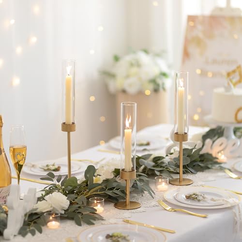 Glass Hurricane Candlestick Holders Gold - Romadedi Taper Candle Holder Tall Clear Glass Cylinder Table Centerpiece Wedding Decor Party Birthday Christmas Home Decorations Set of 3 - size: 3 PCS