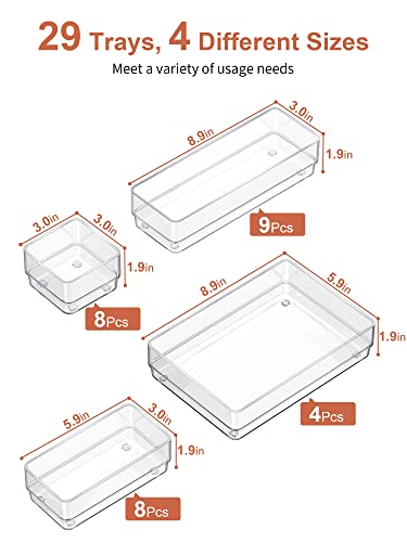 SMARTAKE 29-Piece Drawer Organizer with Non-Slip Silicone Pads, 4-Size Desk Drawer Organizer Trays Storage Tray for Makeup, Jewelries, Utensils in Bedroom Dresser, Office and Kitchen (Clear) - size: X Large