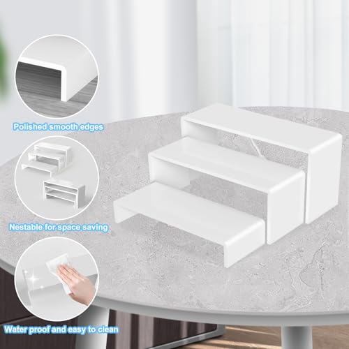 6 PCs Risers Display Stands 3 Tiers Desktop Acrylic Shelves Cake Dessert Holder Products Stand for Collectibles Shoes Jewels Pop Figure (White) - color: White