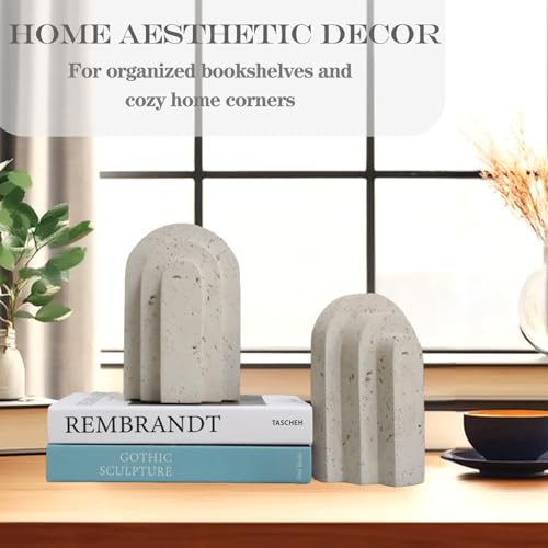 Decorative Book Ends for Shelves - Boho Aesthetic Bookends Decor - Heavy Duty Travertine Book Stopper Holder for Home Office Desk Coffee Table (Grey) - color: Gray