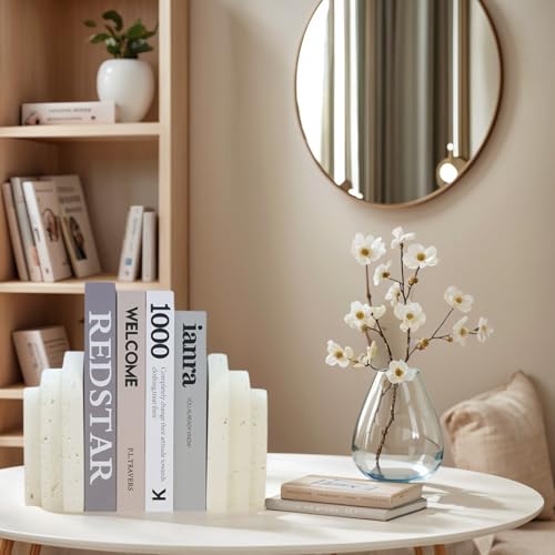 Decorative Book Ends for Shelves - Boho Aesthetic Bookends Decor - Heavy Duty Travertine Book Stopper Holder for Home Office Desk Coffee Table, Gifts for Book Lovers (Light Yellow) - color: Light Yellow