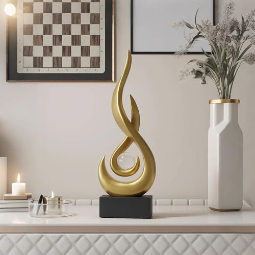 Modern Flame Sculpture Decor Flame Statue with Glass Ball Resin Abstract Art Figurines Centerpiece Sculpture for Home Decor Living Room Stand Coffee Table Office Decor (Small Gold) - color: Small Gold