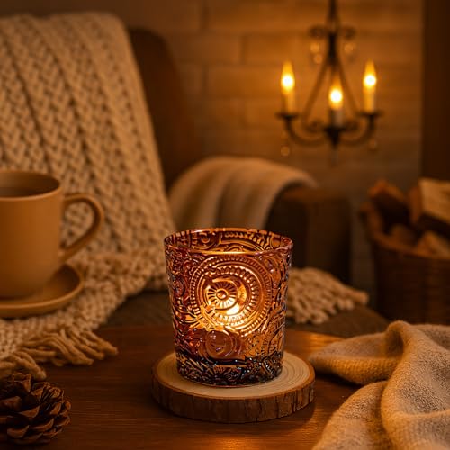 12 Pack Sun Moon Star Embossed Glass Tea Light Candle Holders - Votive Candle Holders for Wedding, Party, Home Decor, and Table Centerpieces (Chestnut Brown) - color: Chestnut Brown