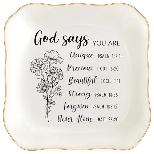 Christian Gifts for Women, Bible Verse Ceramic Jewelry Dish Trinket Ring Tray, Inspirational Floral Gift for Mom Sister Friend Birthday Christmas-God Says You are (White-God Says2) - color: White-God Says2