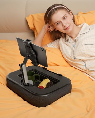 Viozon Kindle Pillow Stand Holder, Phone holder for Bed, Laptop Lap Desk with Mouse Pad,Compatible with 4.7-13" Kindle/Tablet/Phone,10-15"Laptop, Snack Bowl&Cup Attachment&Detachable 360°Stand Arm, B - color: Black
