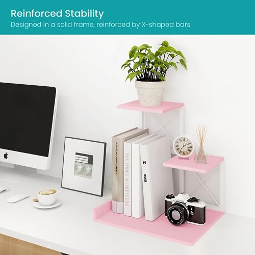 ELITEROO Desktop Shelf, Aesthetic Desk Organizer Table Top Mini Bookshelf, 3 Tier Wooden Desk Supplies Organizers and Storage Stand Cubicle Accessories for Women Office, Pink - color: Pink