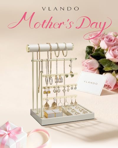 VLANDO Jewelry Stand Organizer with Ring Holder, Mothers Day Mom Gifts, Jewelry Holder Organizer with Tray, Necklace Holder Bracket Holder Earring Holder - Cloud White - color: Cloud White