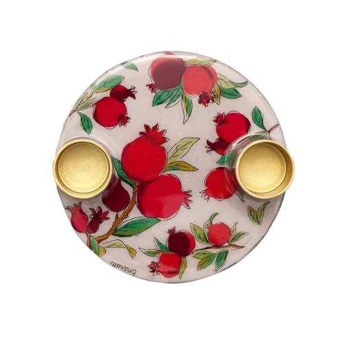 Yair Emanuel Flat Plate Candle Holders for Shabbat 4 Inch Vibrant Pattern Design Modern Judaica Gift (CSE-1 Pomegranates) - color: Cse-1 Pomegranates