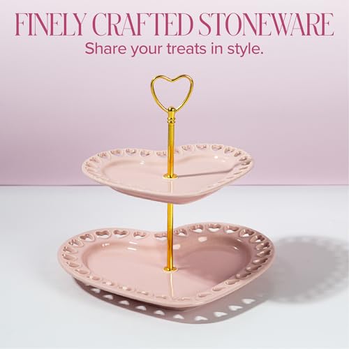 Paris Hilton 2-Tier Heart Serving Tray, Iconic Ceramic Stoneware with Metal Handle, Easy Assembly for Stylish Display, 9-Inch and 7-Inch Plates, Pink