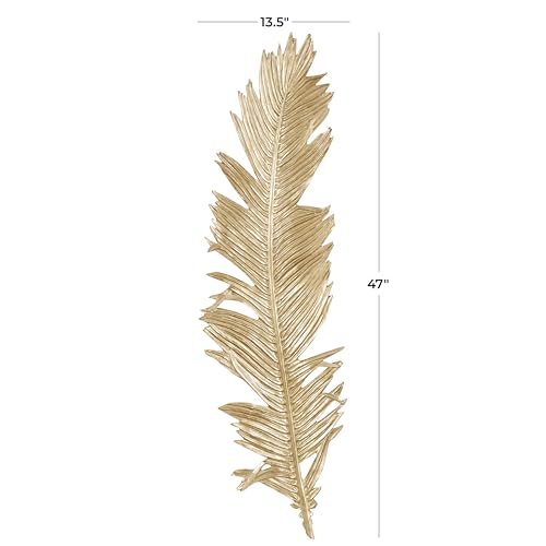 Deco 79 Polystone Bird Home Wall Decor Large Metallic Feather Wall Sculpture, Wall Art 14" x 2" x 47", Gold - size: 13.5"L x 2"W