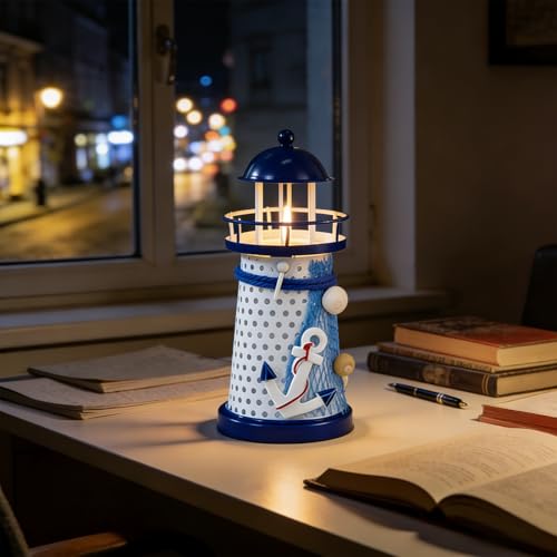 Set of 3 Mediterranean Style Tin Lighthouse Candle Holders - Blue & White Nautical Lighthouse Decor with Seagull, Sailboat & Anchor Designs, Coastal Tabletop Ornaments for Home Decor - color: Blue