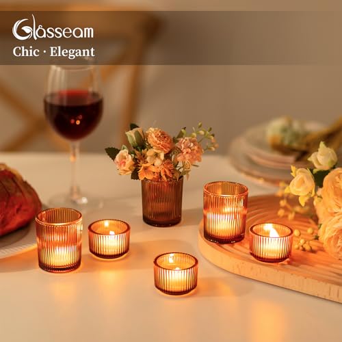 Glass Votive Tealight Candle Holder: Glasseam Amber Ribbed Tea Lights Candle Holder Bulk 24 Small Tea Candle Holder Fall Candle Holders for Table Centerpiece Thanksgiving Christmas Wedding Decor - color: Amber
