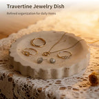 Travertine Jewelry Dish, 5.9 in Small Scallop Edge Stone Tray, Beige Round Marble Pattern Perfume Tray for Women, Decorative Storage Plate for Bathroom, Kitchen, Dresser