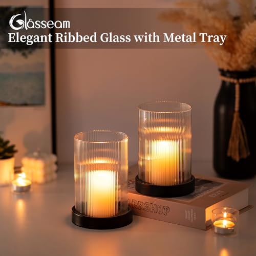 Glasseam Glass Hurricane Candle Holder: Black Pillar Candle Holders Set of 2 Ribbed Clear Glass Cover with Metal Candle Tray Modern Candle Holders for Table Centerpiece Living Room Fireplace Decor - color: Black