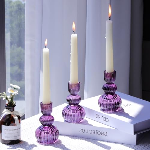 Woho Purple Candlestick Holders Set of 3 for Halloween Decorations, 4.3" H Ribbed Glass Taper Candle Holders Bulk for Wedding Table, Vintage Candle Sticks Holder Decor for Birthday Party/Home Decor - color: Purple