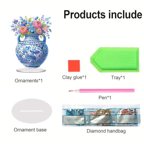 5D Tabletop Diamond Art Kit Vase, Stand Up Special Shaped Crystal Diamond Art Desktop Kits for Adults, DIY Diamond Art Painting Kits Craft Gift, Box Package (Blue) - color: Vase Bouquet