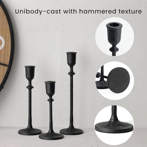 BANOMII Antique Candlestick Holders Set of 3, Cast Iron Taper Candle Holder for Dining Table Centerpiece, Fireplace Mantel Decor, Vintage Tall Candle Stands, Christmas Decorations, Matte Black - color: Black