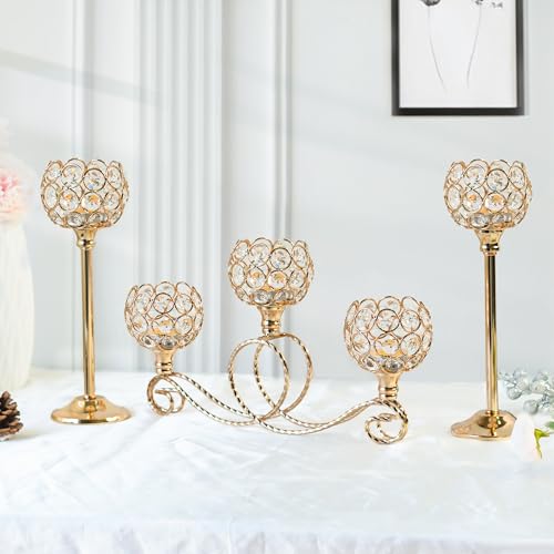 Gold 5 Arm Metal Crystal Tea Light Candle Holder, Elegant Wedding Table Centerpiece, Christmas Wishing Bowl Candle Holder - color: Gold, size: Set of 3